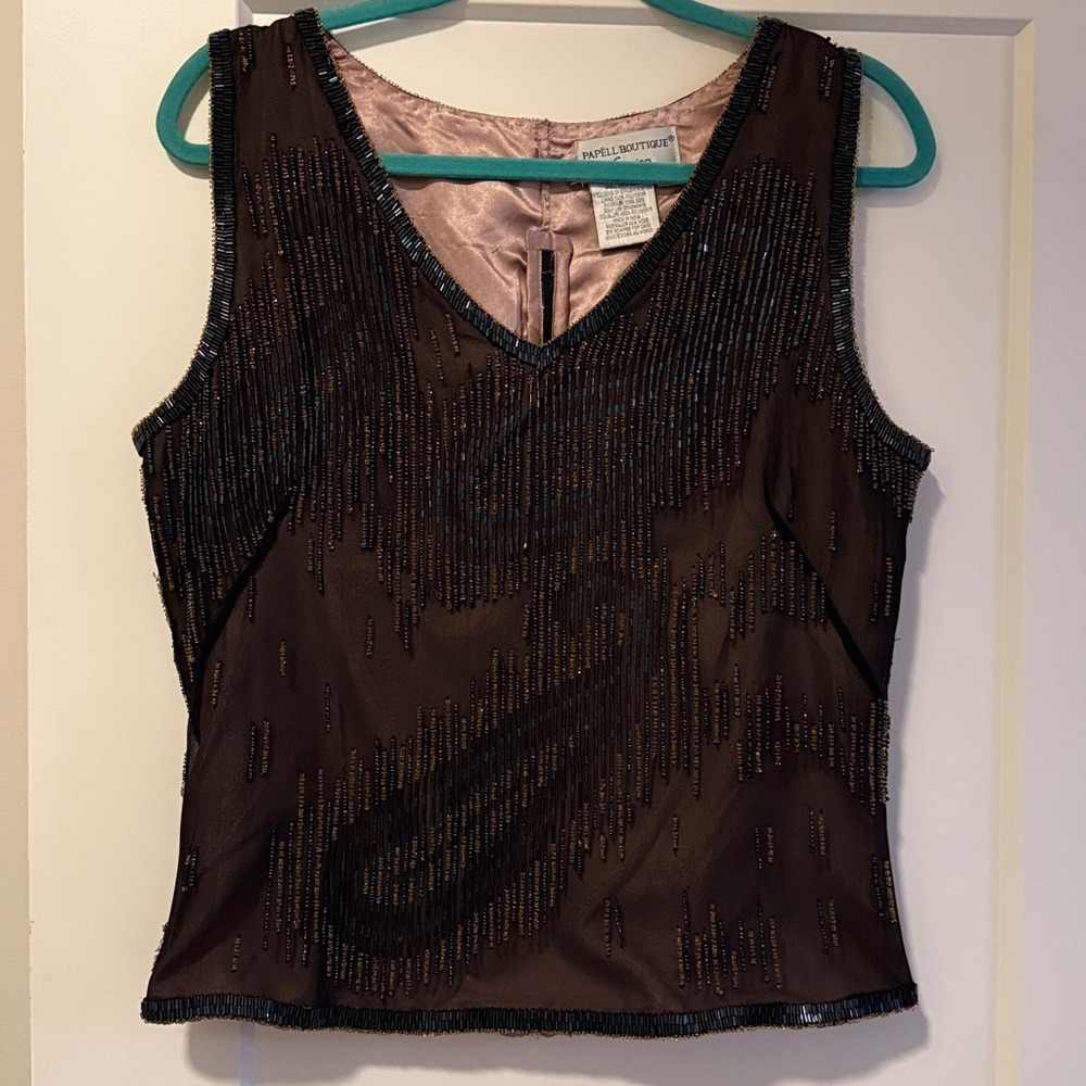Papell Boutique Evening Dark Purple and Blue Paisley Beaded Sleeveless Top